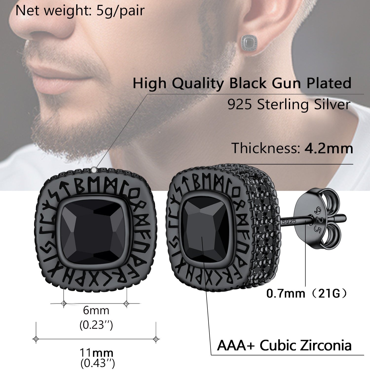 Black onyx sterling silver rune stud earrings for men, with product details