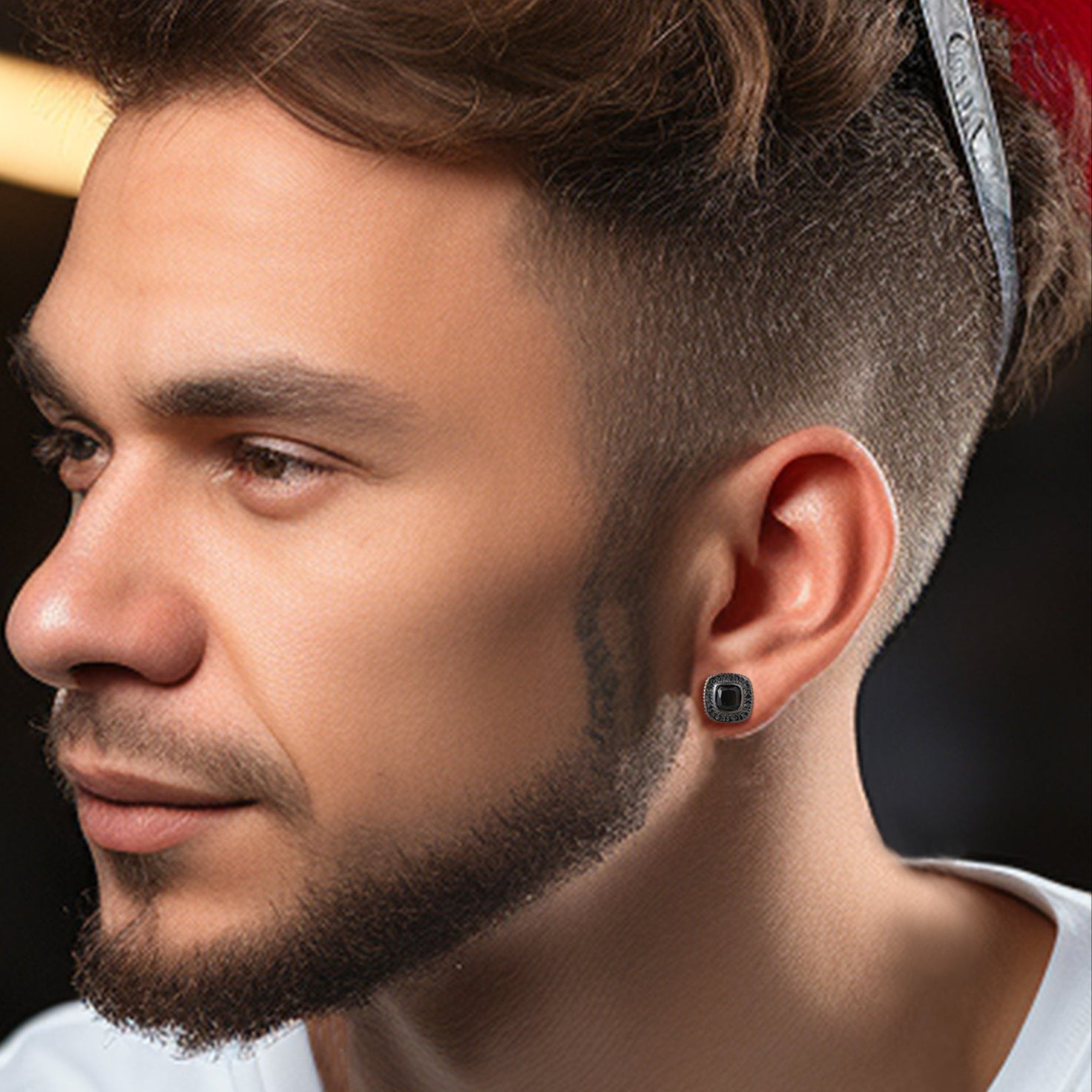 Man wearing a Sterling Silver Rune Square Stud Earring