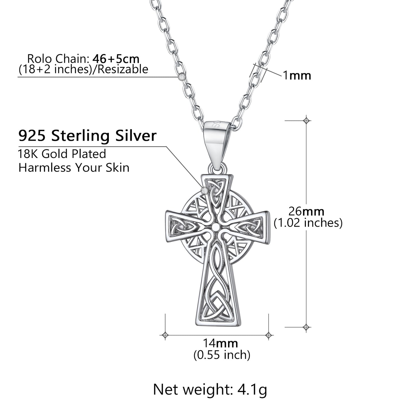Sterling Silver Celtic Knot Cross Necklace Dimensions