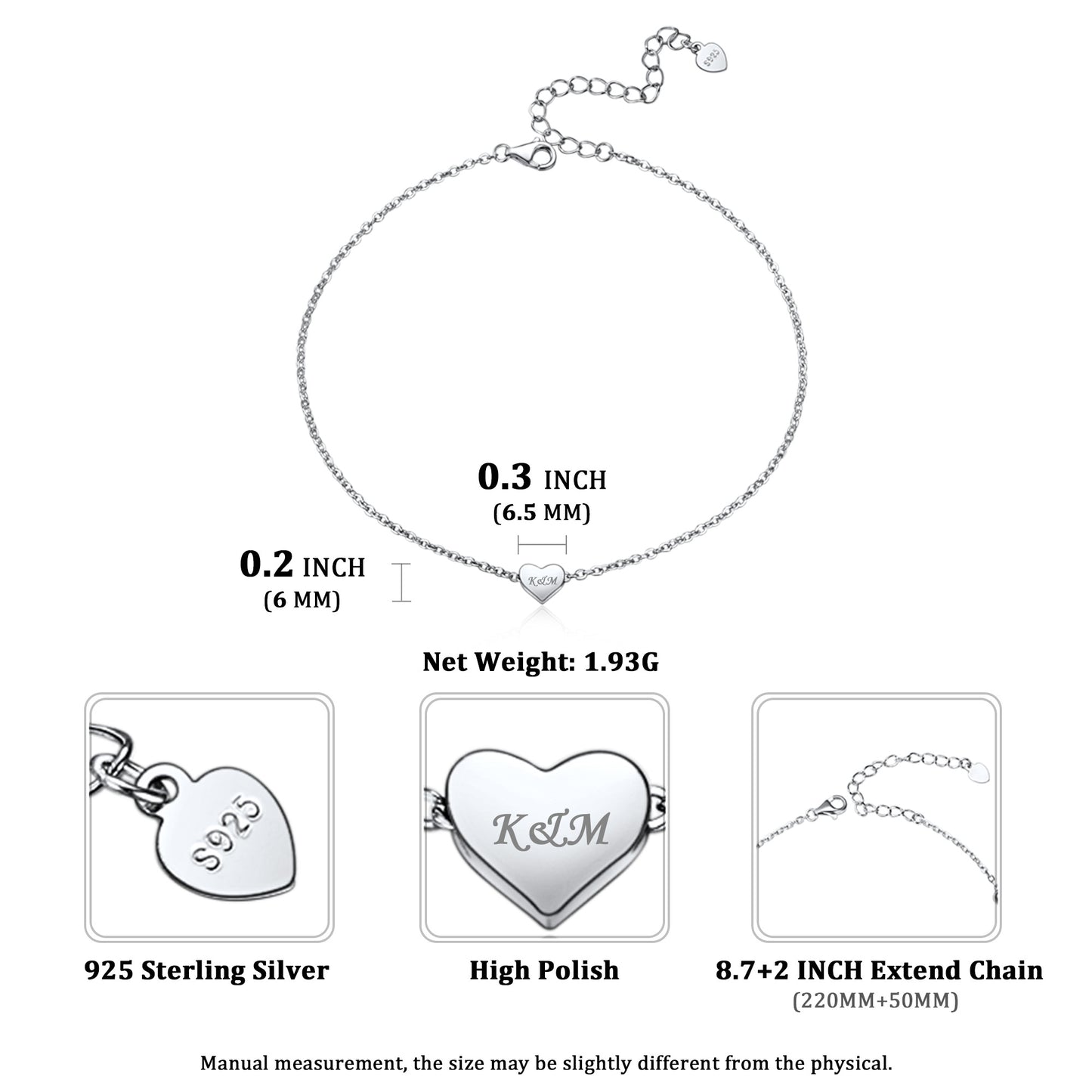 Adjustable Heart Anklet Sizing Chart 8-10.5 Inch