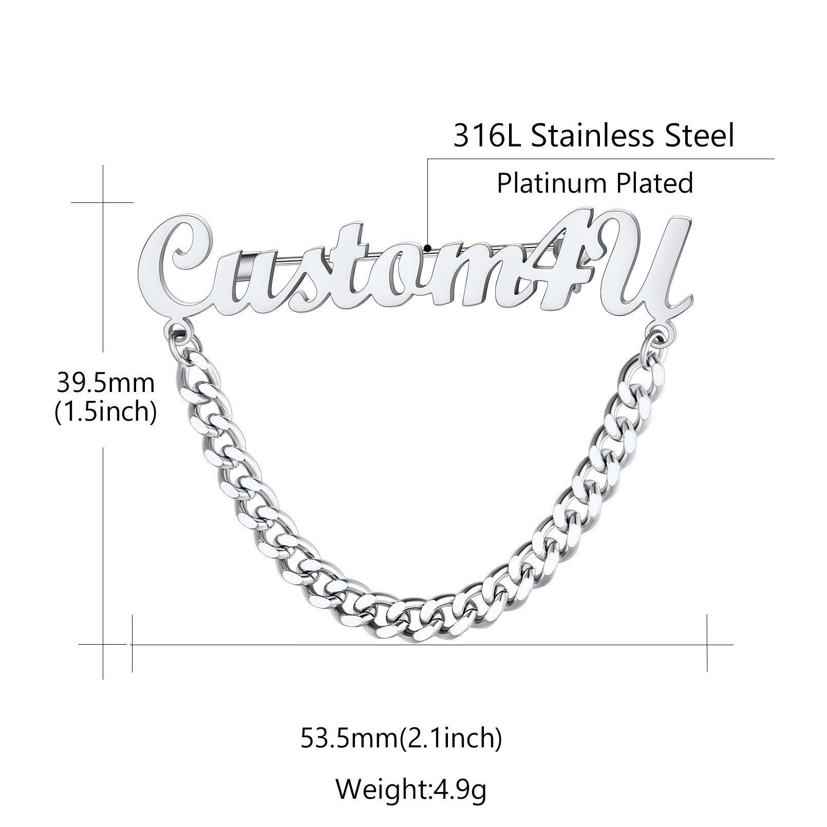 Custom4U Cuban Chain Brooch Pin - Stainless Steel, Platinum Plated