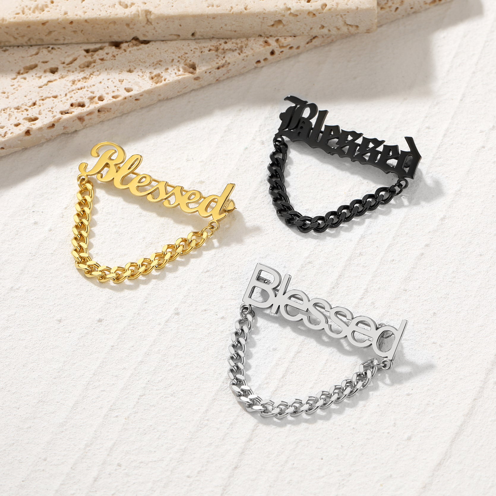 Blessed Cuban Chain Brooch Pin in gold, black and silver colors