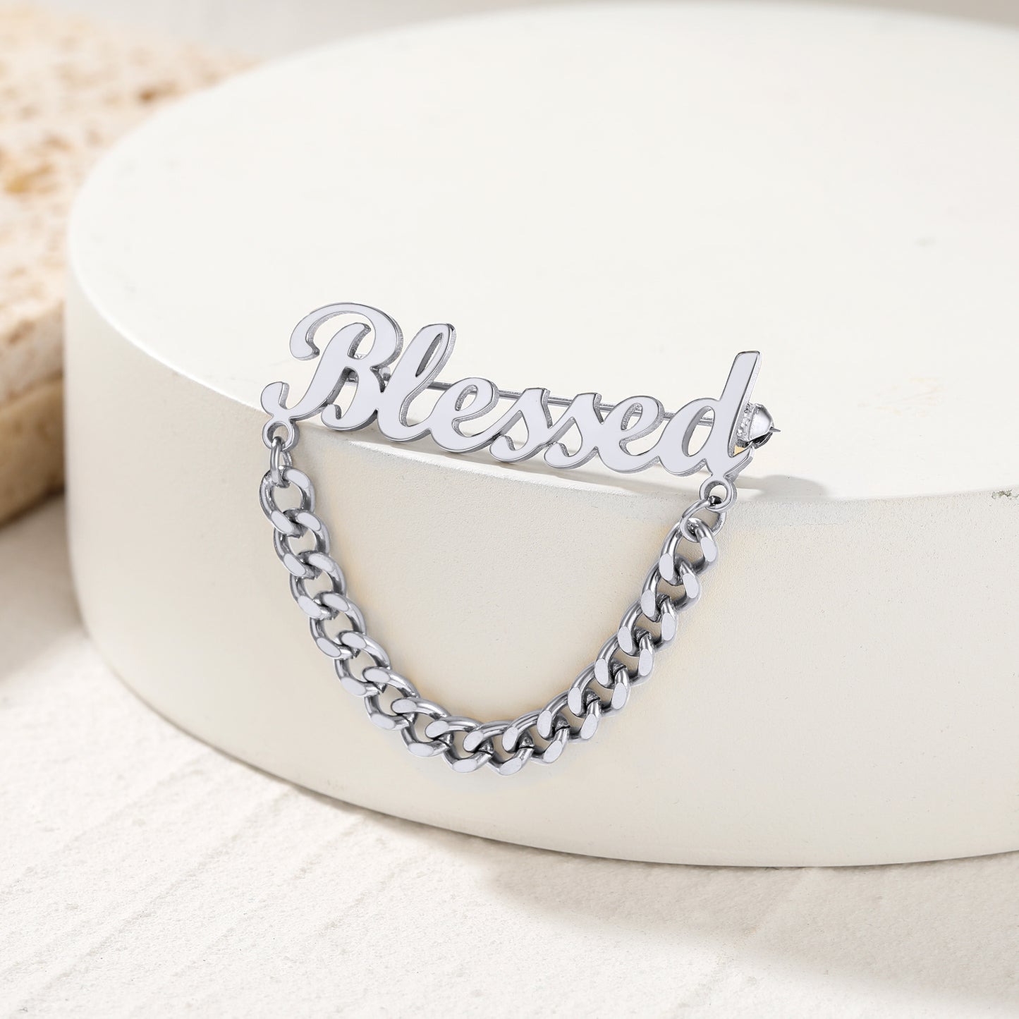 Silver Blessed Brooch Pin with Cuban Chain