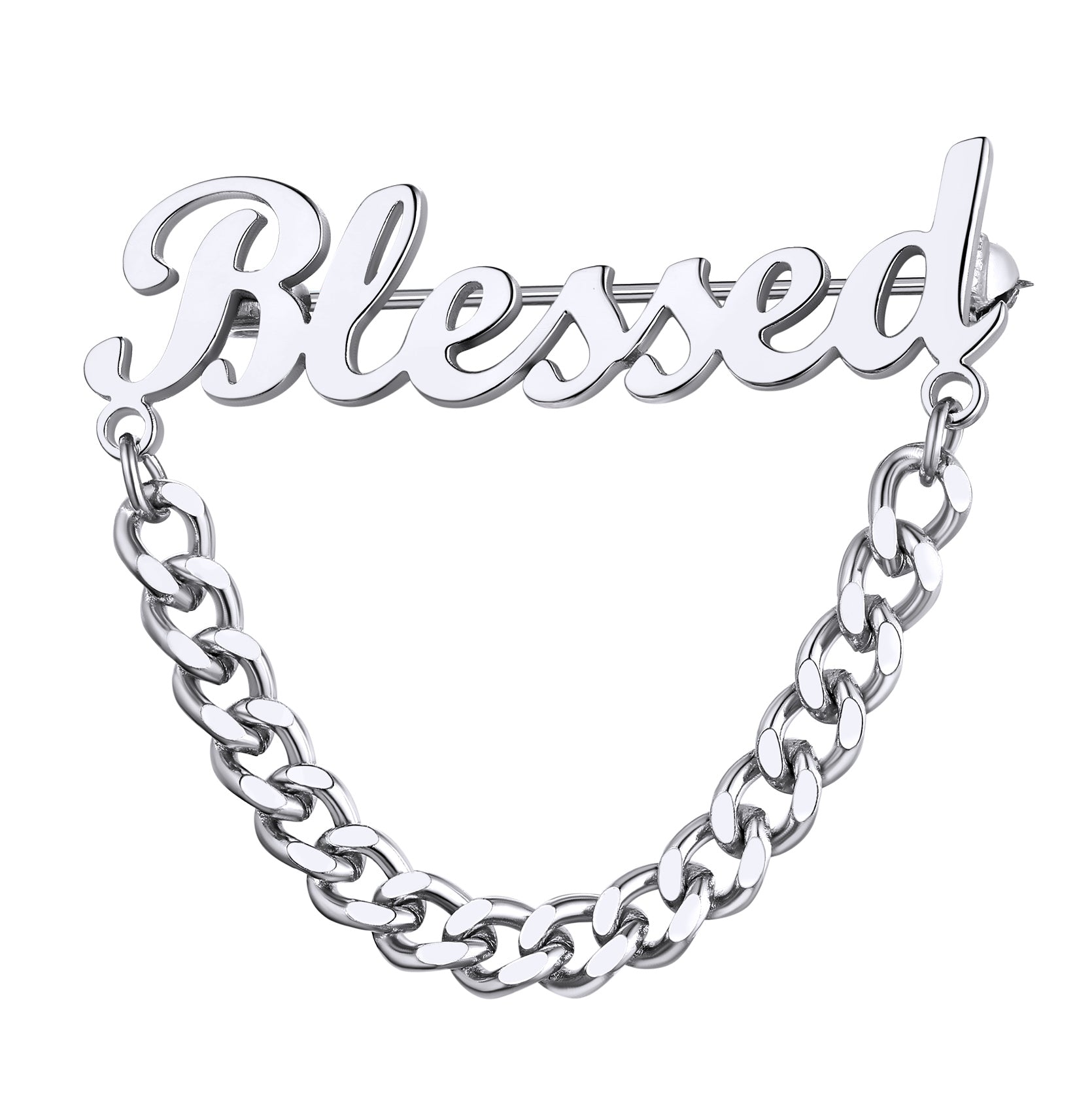 Silver Blessed Brooch Pin with Cuban Chain