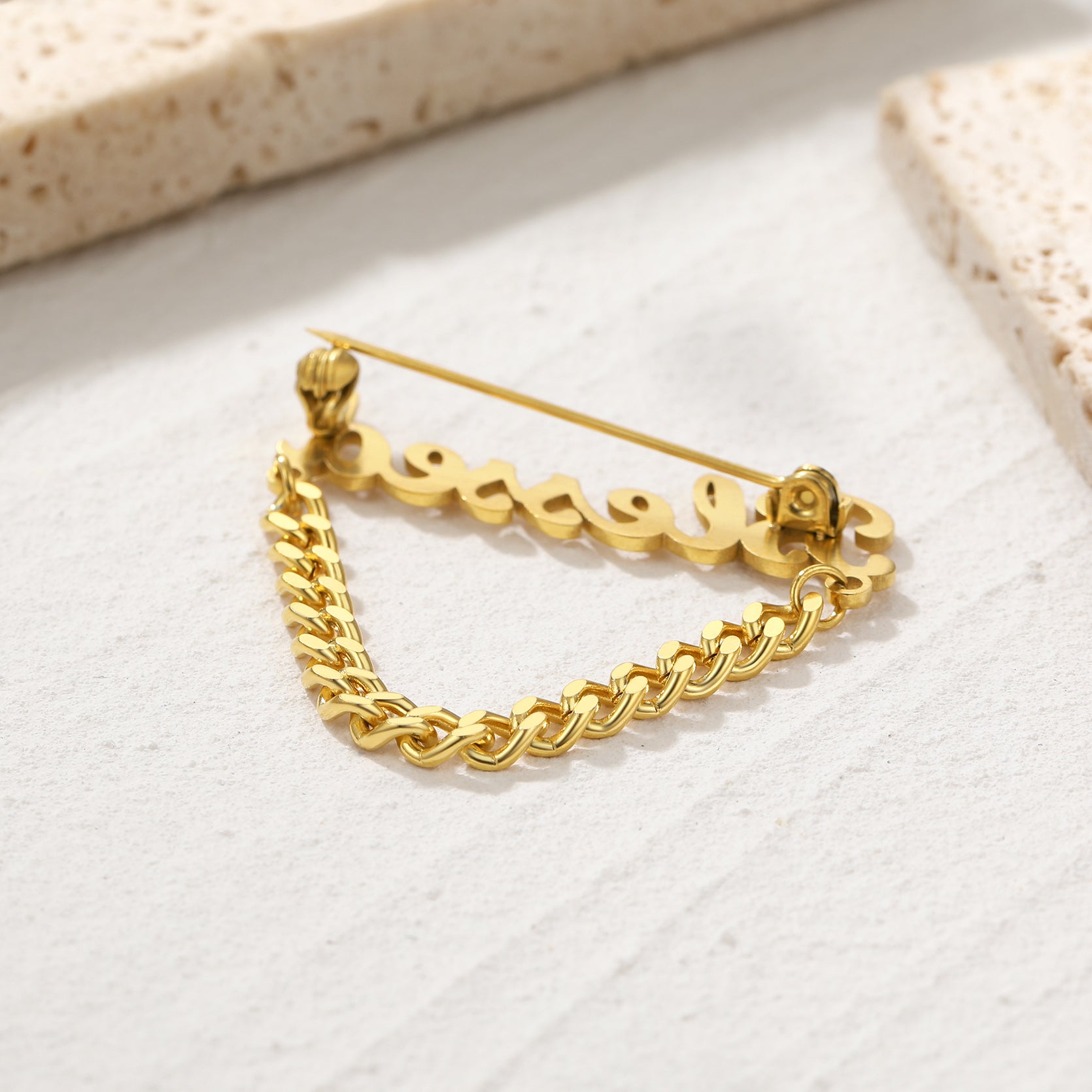 Gold Personalized Name Brooch Pin with Cuban Chain