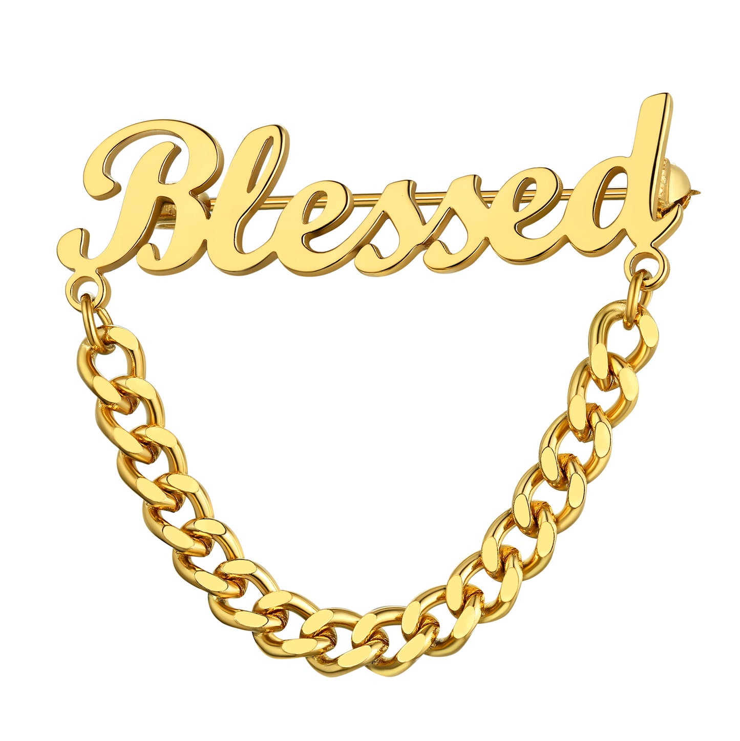Gold Blessed Brooch Pin with Cuban Chain, elegant accessory