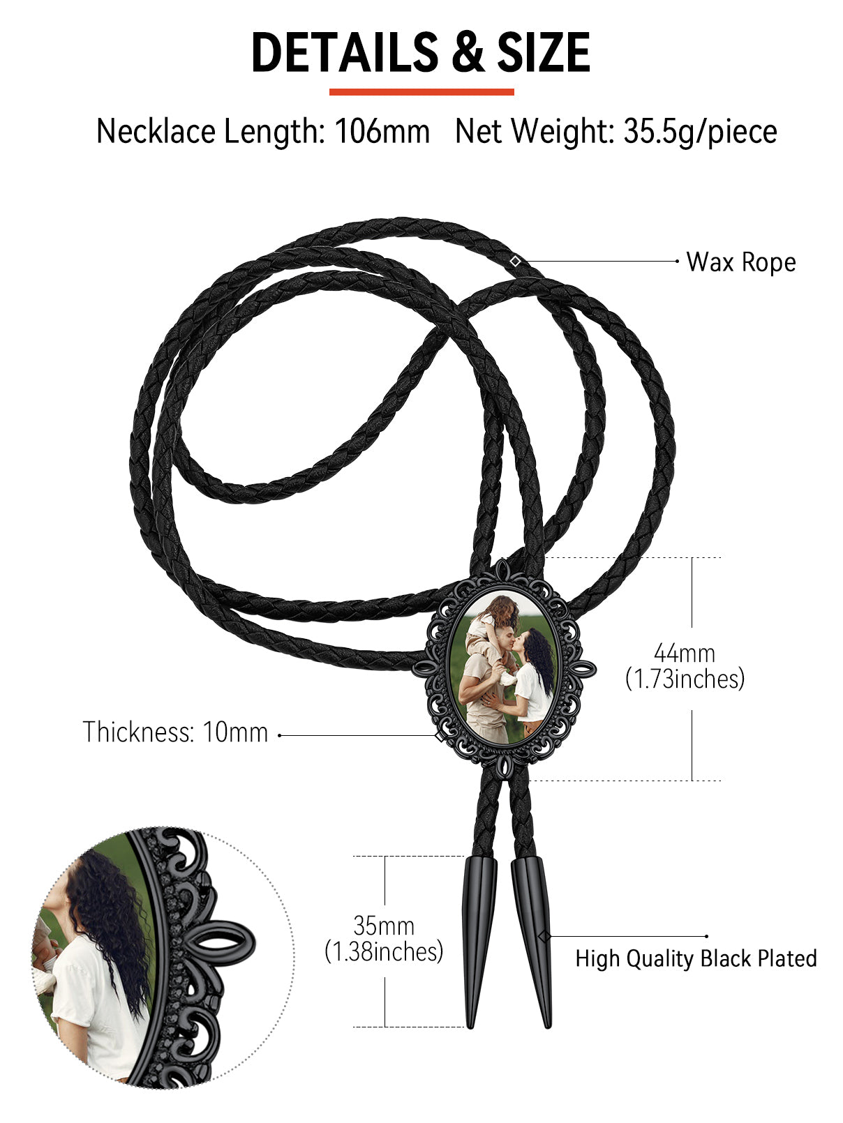 Photo Bolo Tie Details: Size, Material, and Dimensions