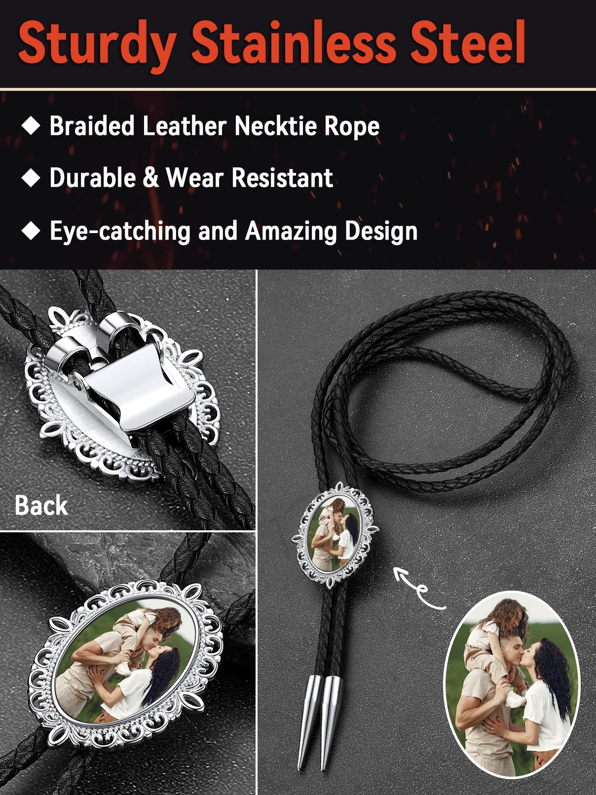 Stainless steel photo bolo tie, memorial gift
