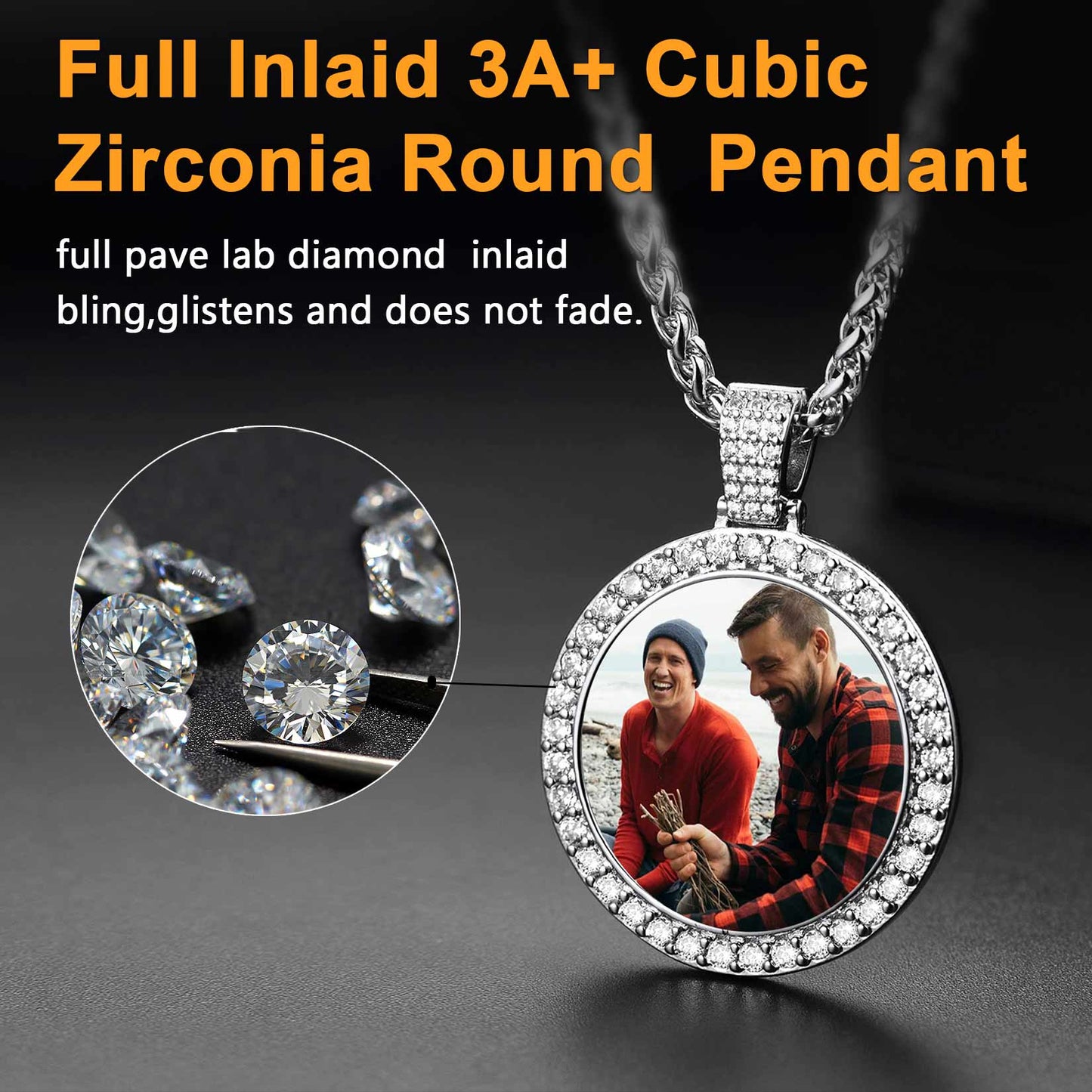 Cubic Zirconia photo pendant for men, personalized gift