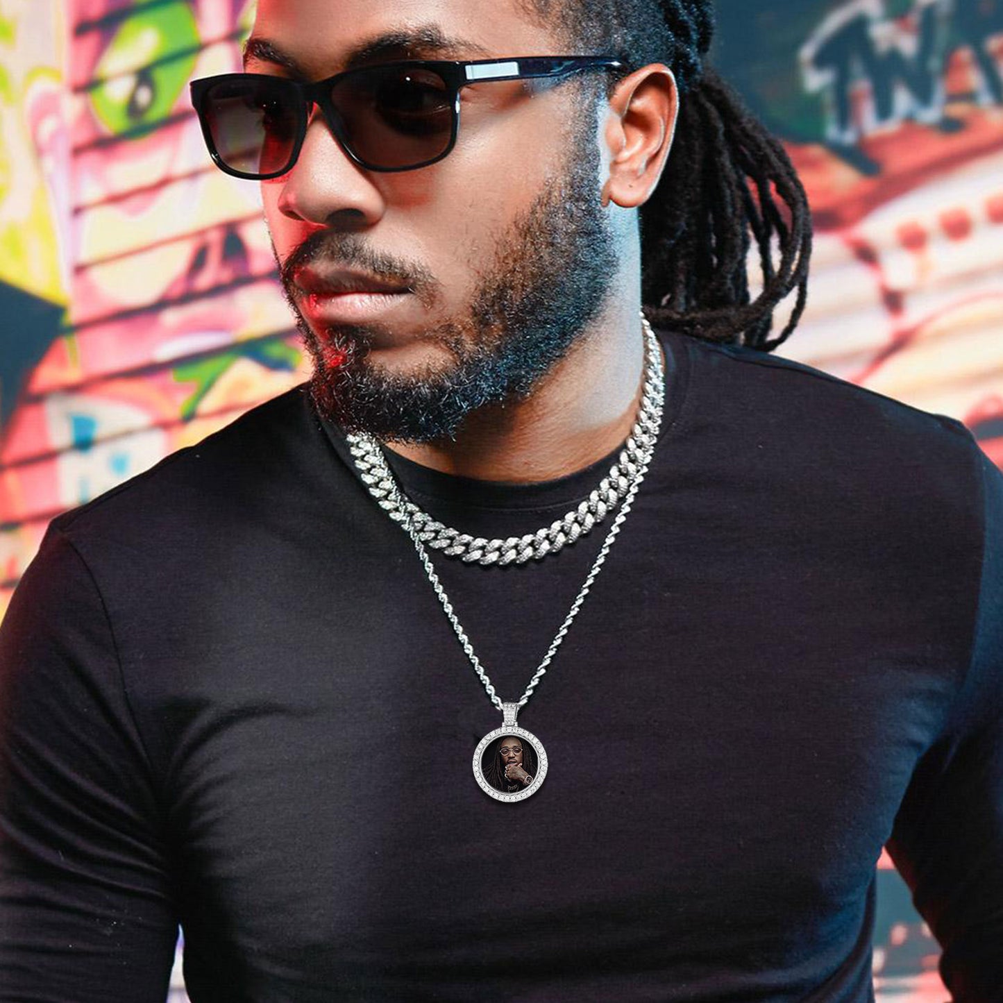 Man wearing custom picture pendant necklace, men's jewelry