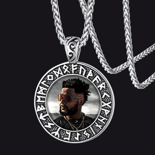 Personalized Picture Necklace with Viking Rune for Menimg