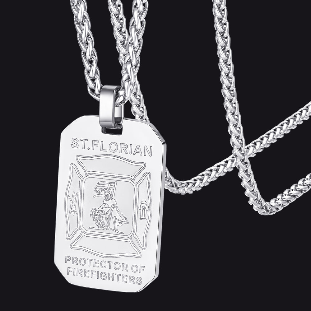 Personalized Saint Florian Firefighter Dog Tag Necklace for Firemen Men