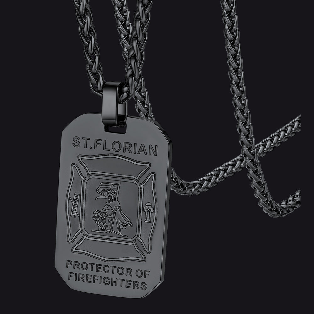 Personalized Saint Florian Firefighter Dog Tag Necklace for Firemen Men
