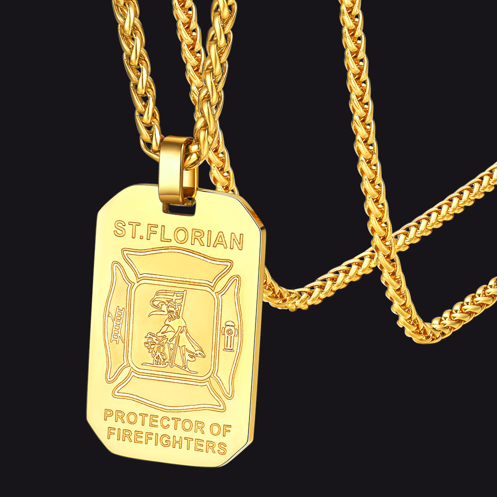 Personalized Saint Florian Firefighter Dog Tag Necklace for Firemen Men
