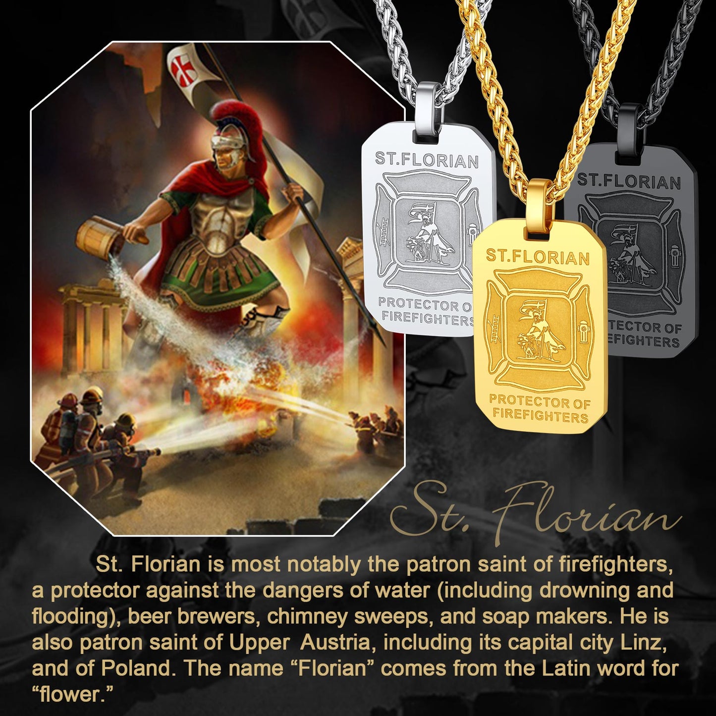 Personalized Saint Florian Firefighter Dog Tag Necklace for Firemen Men