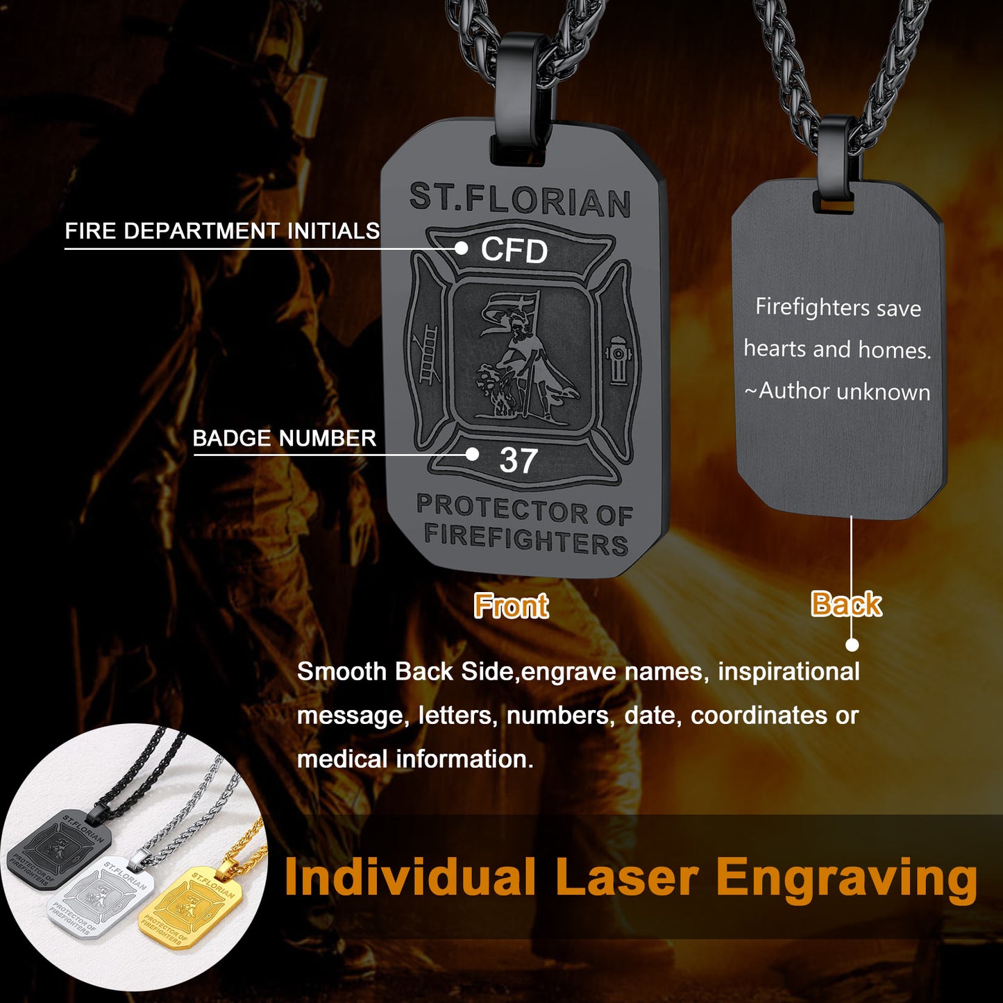 Personalized Saint Florian Firefighter Dog Tag Necklace for Firemen Men
