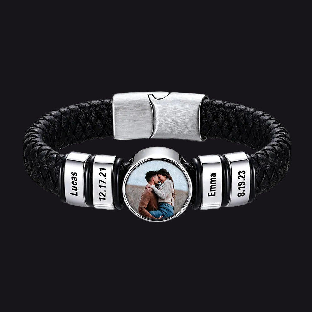 Custom 4 Names Picture Black Braided Leather Bracelet