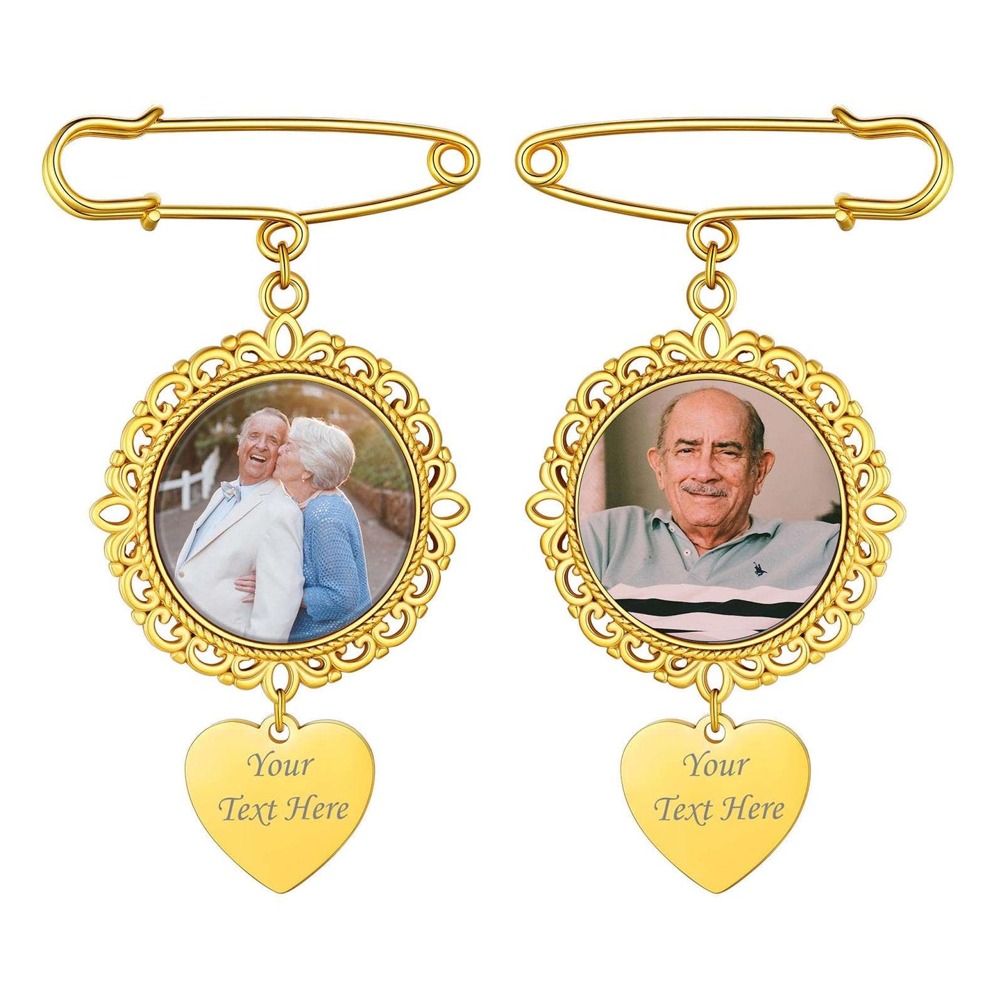 Custom photo brooch pins with heart charm. Personalized memorial keepsake.