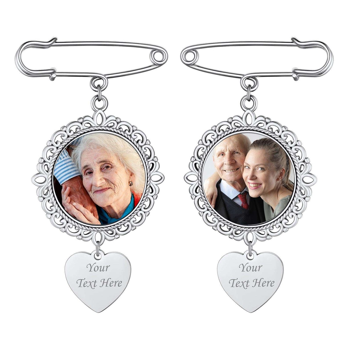 Personalized Wedding Bouquet Round Picture Charms Brooch Pins Double Side Photo / 316L Stainless Steel