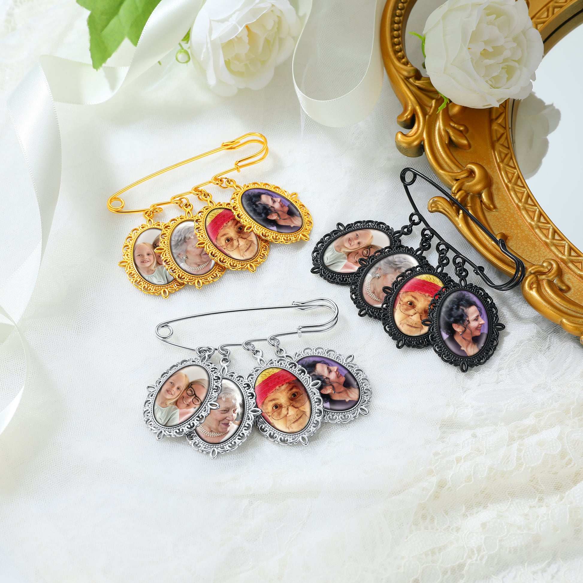 Memorial Photo Charm Boutonniere Pins in Gold, Silver, and Black