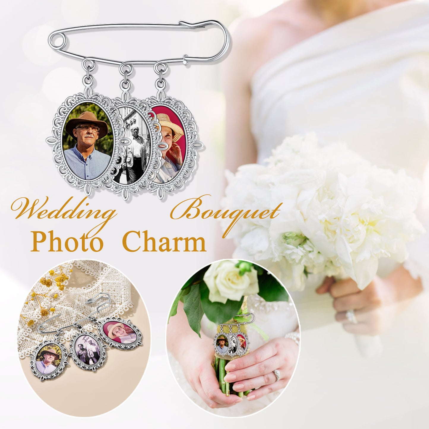 Memorial Photo Charm Boutonniere Pin for Wedding Bouquet