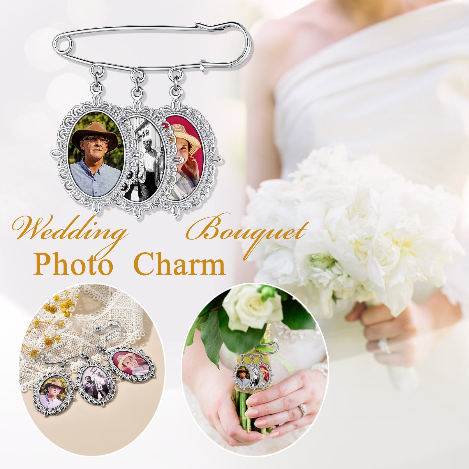 Memorial Photo Charm Boutonniere Pin for Wedding Bouquet