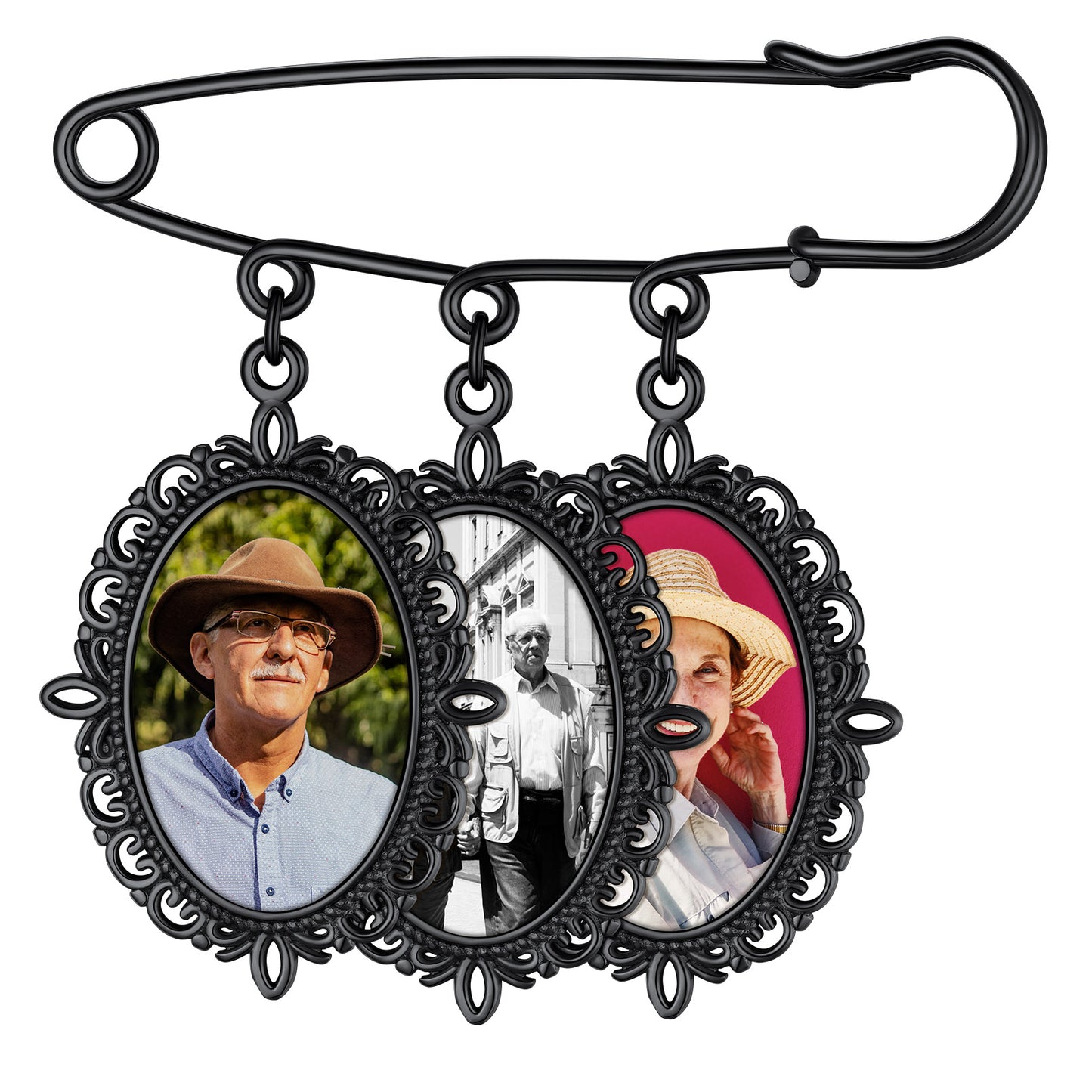 Memorial Photo Charm Boutonniere Pin with Three Photos