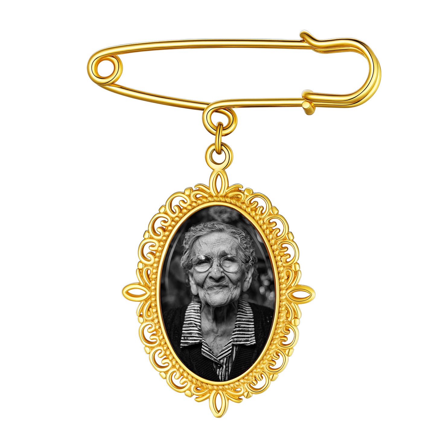 Gold memorial photo charm boutonniere pin with elderly woman photo