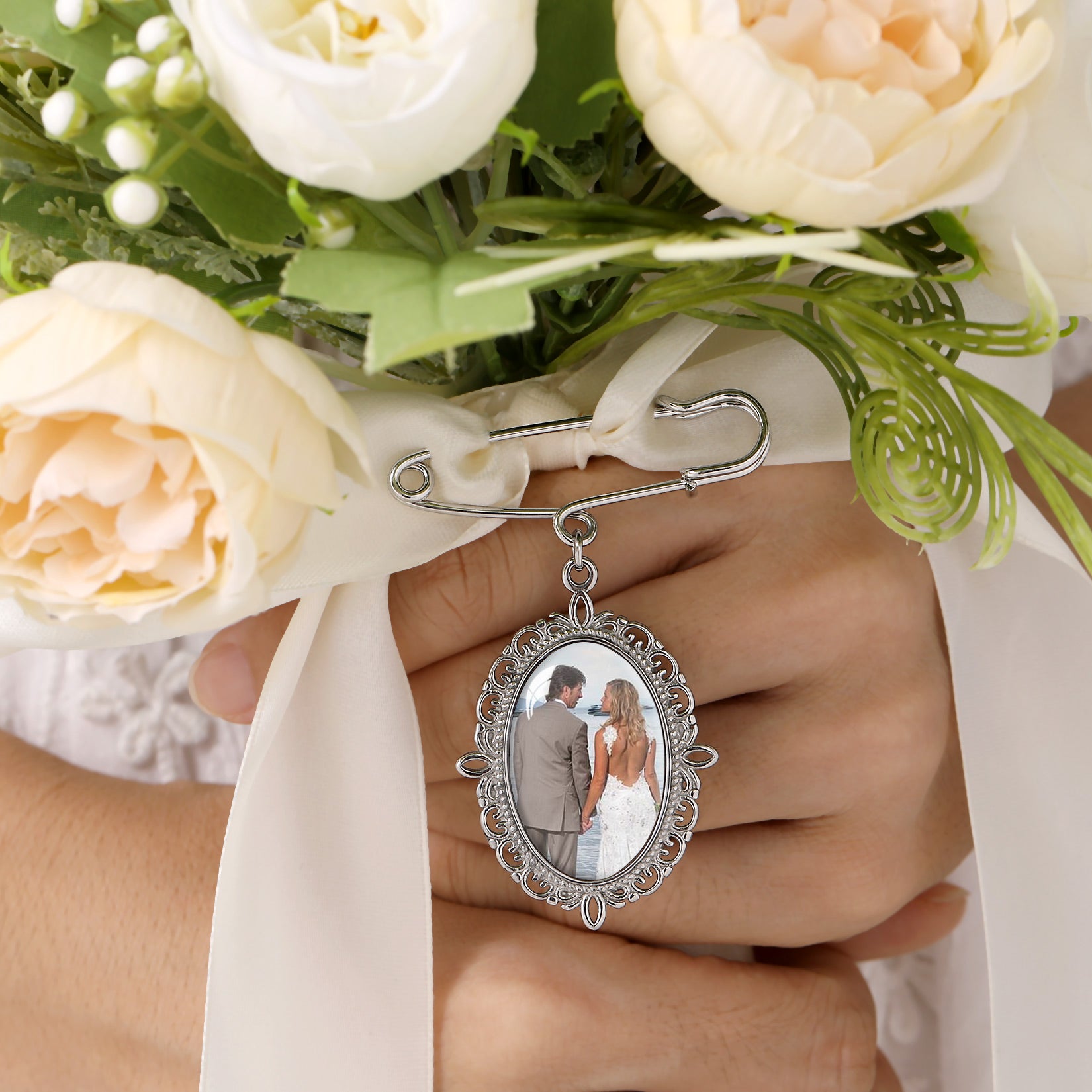 Memorial Photo Charm Boutonniere Pin on bridal bouquet