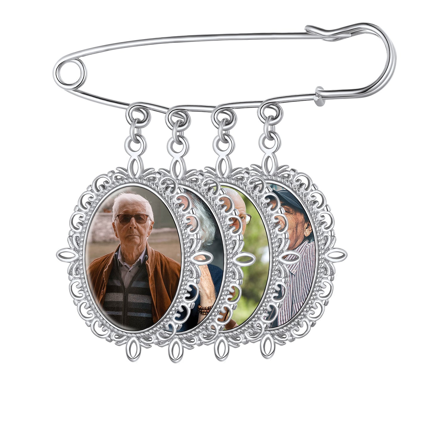 Silver memorial photo pin with three photos, funeral keepsake
