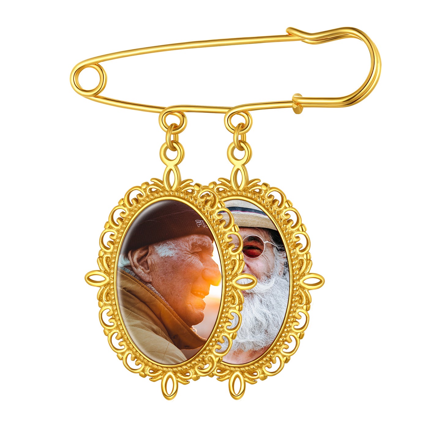 Gold Memorial Photo Charm Boutonniere Pin with two elderly portraits
