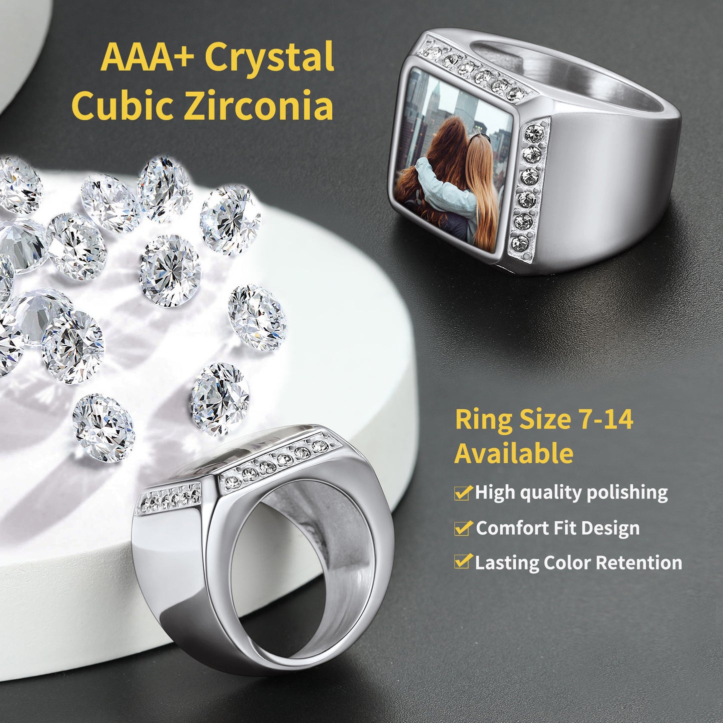 Personalized photo signet ring with cubic zirconia