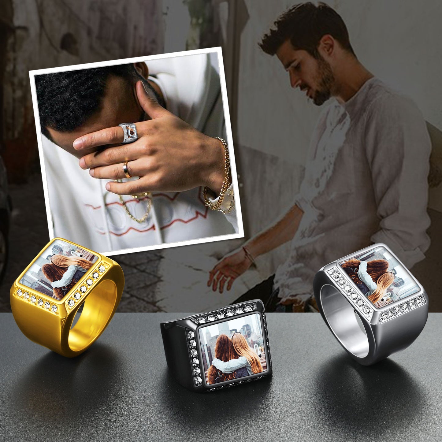 Personalized photo ring for men and women in gold, black, and silver colors