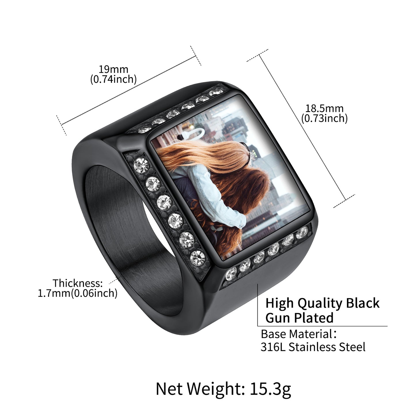 Black stainless steel photo ring with cubic zirconia