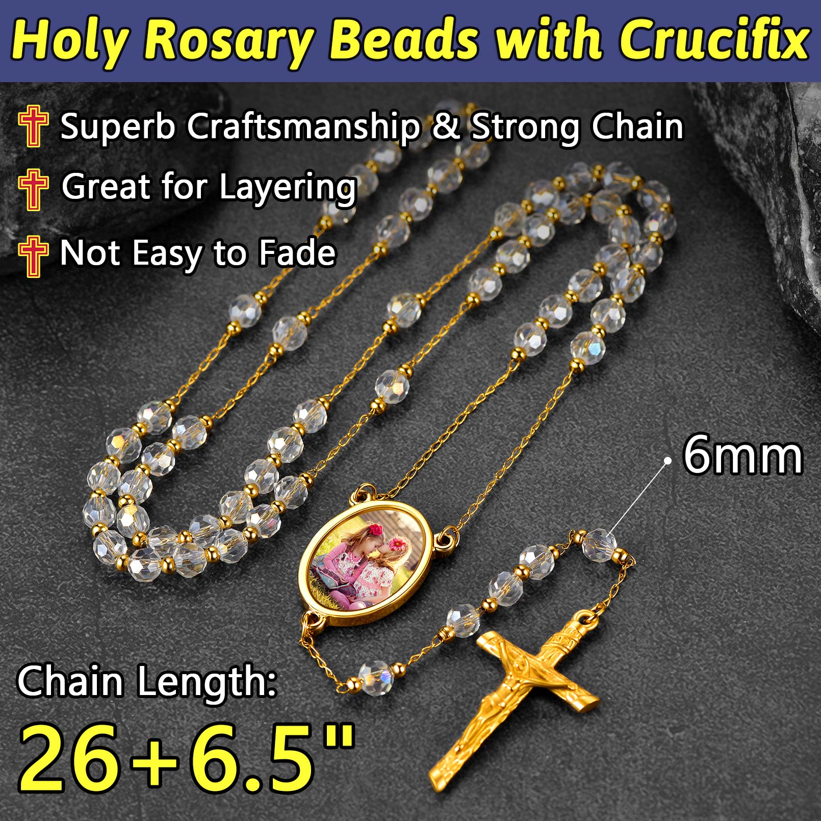 Photo rosary beads necklace with crucifix, 26+6.5 inch, 6mm beads