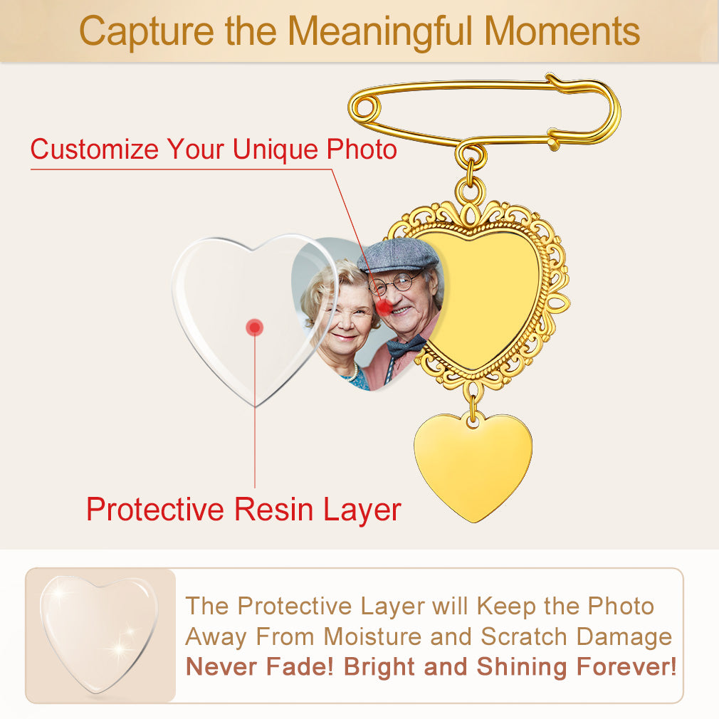 Customizable photo heart brooch pin. Capturing meaningful moments.