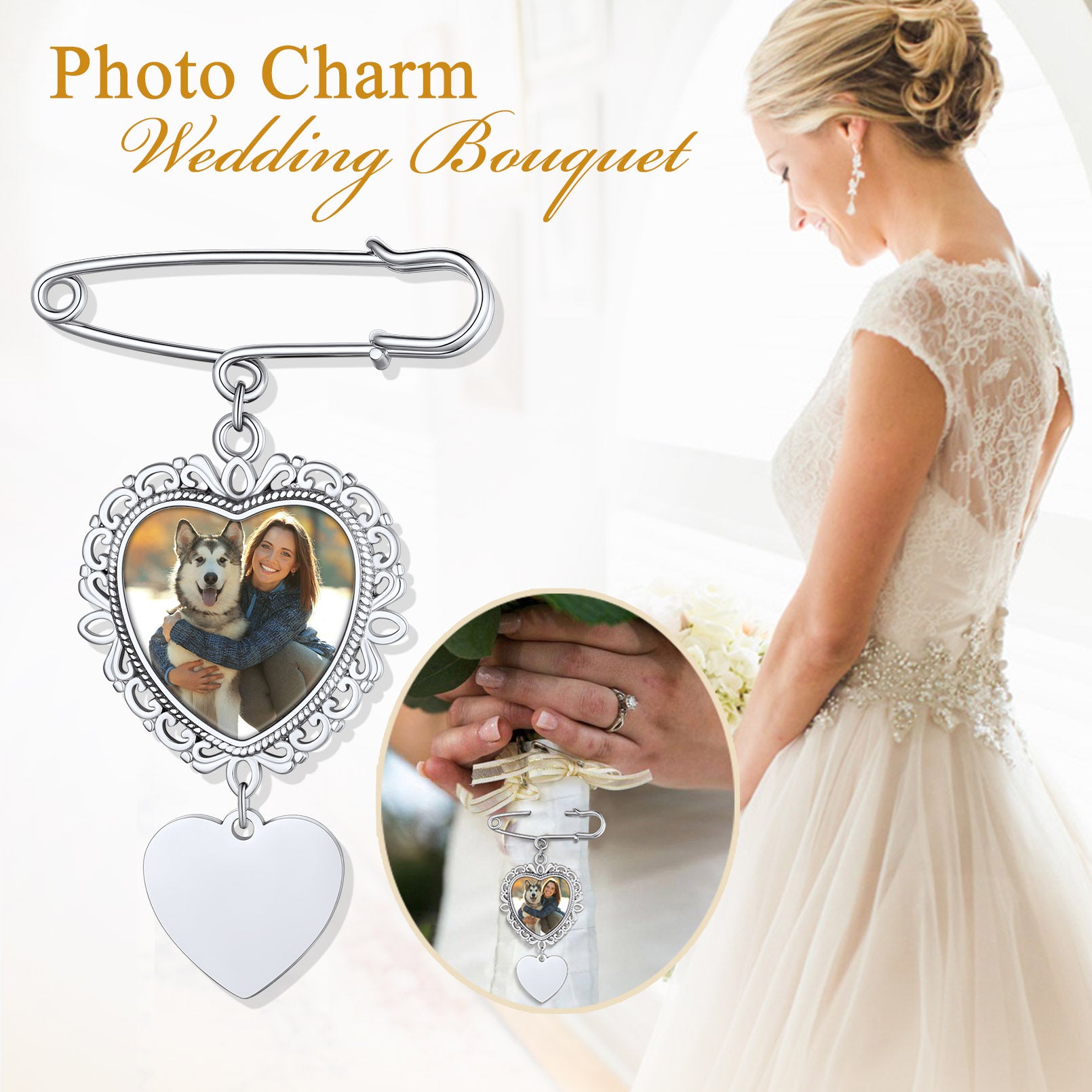 Wedding bouquet brooch pin with photo charm