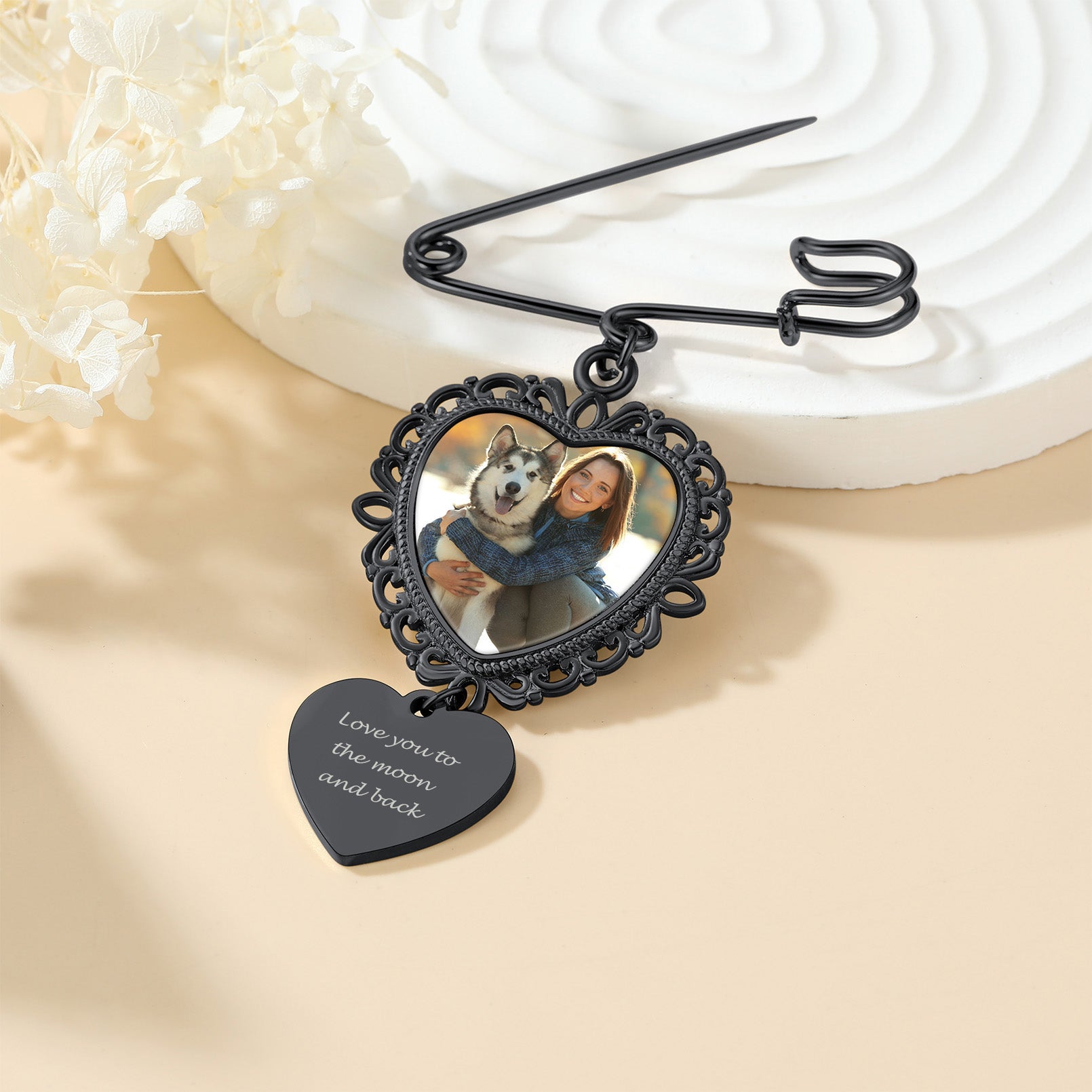 Custom photo heart brooch pin, personalized wedding gift, engraved with love quote.