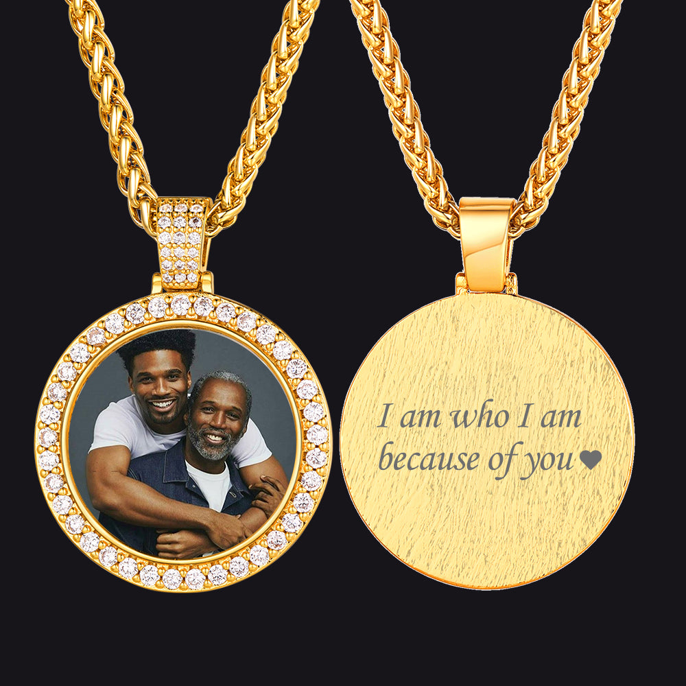 Men's gold custom photo pendant with engraved message