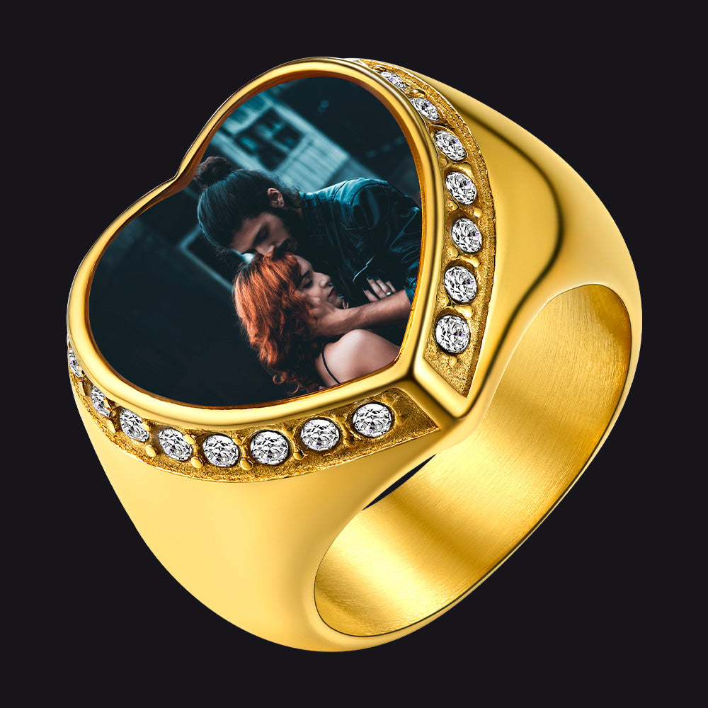 FaithHeart Heart Personalized Pictures Name Engraving Stainless Steel Signet Ring FaithHeart