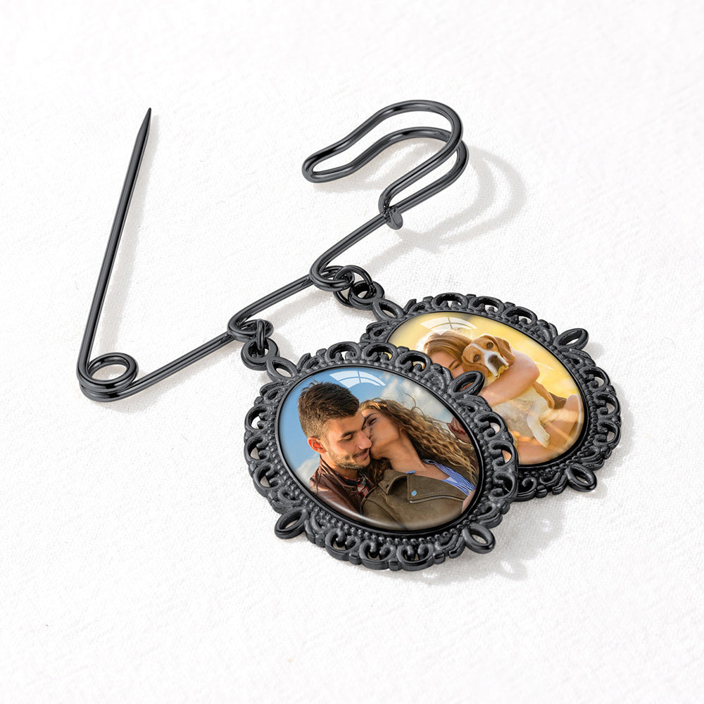 Memorial Photo Charm Boutonniere Pin with two oval photo charms