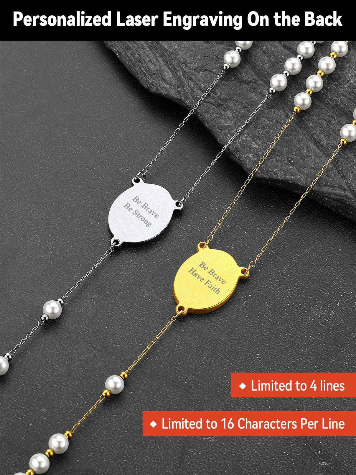 Engraved photo rosary bead necklace, Personalized FaithHeart Jewelry.
