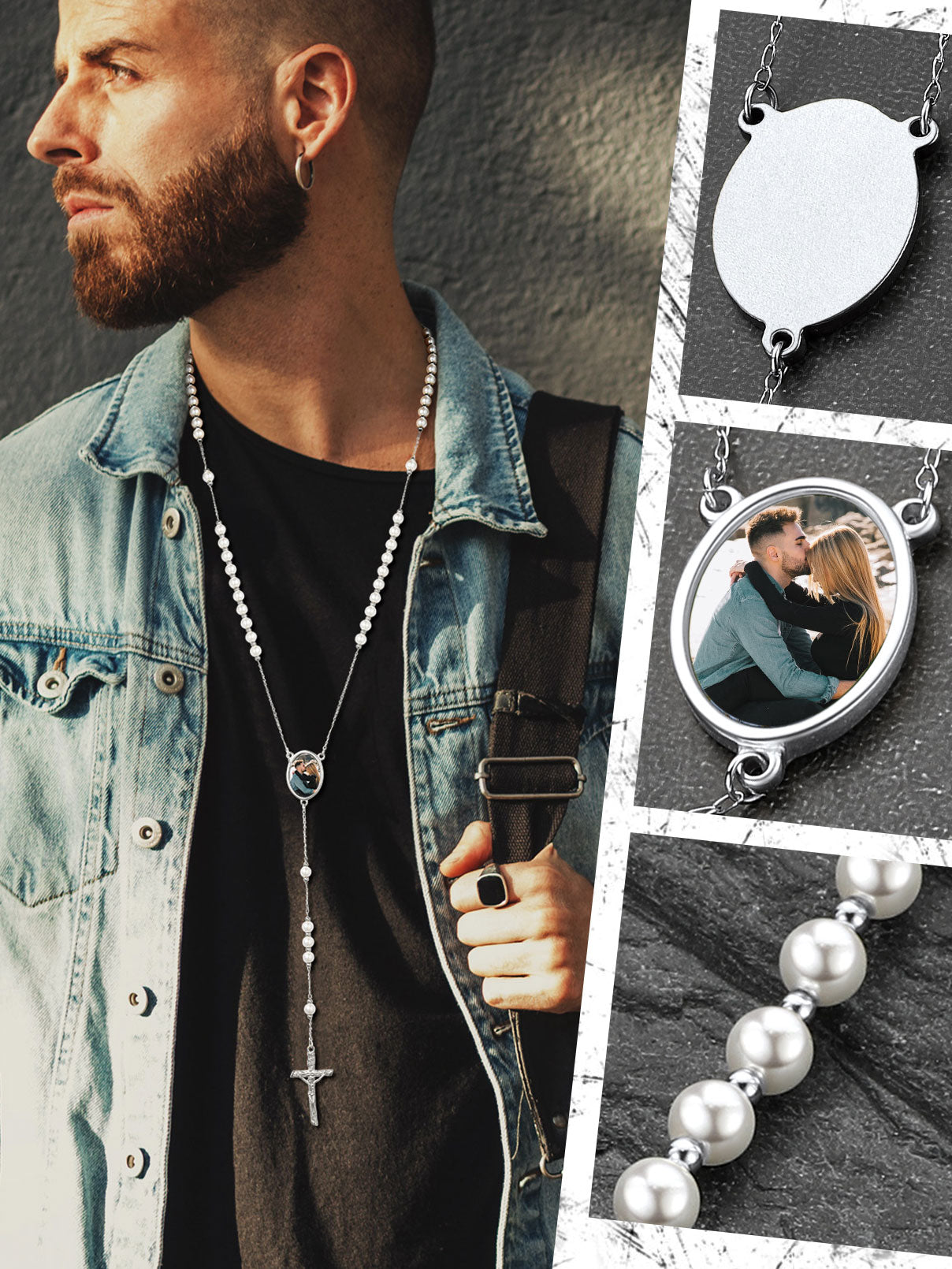 Personalized Pearl Rosary Beads Photo Necklace for Men - FaithHeart Jewelry