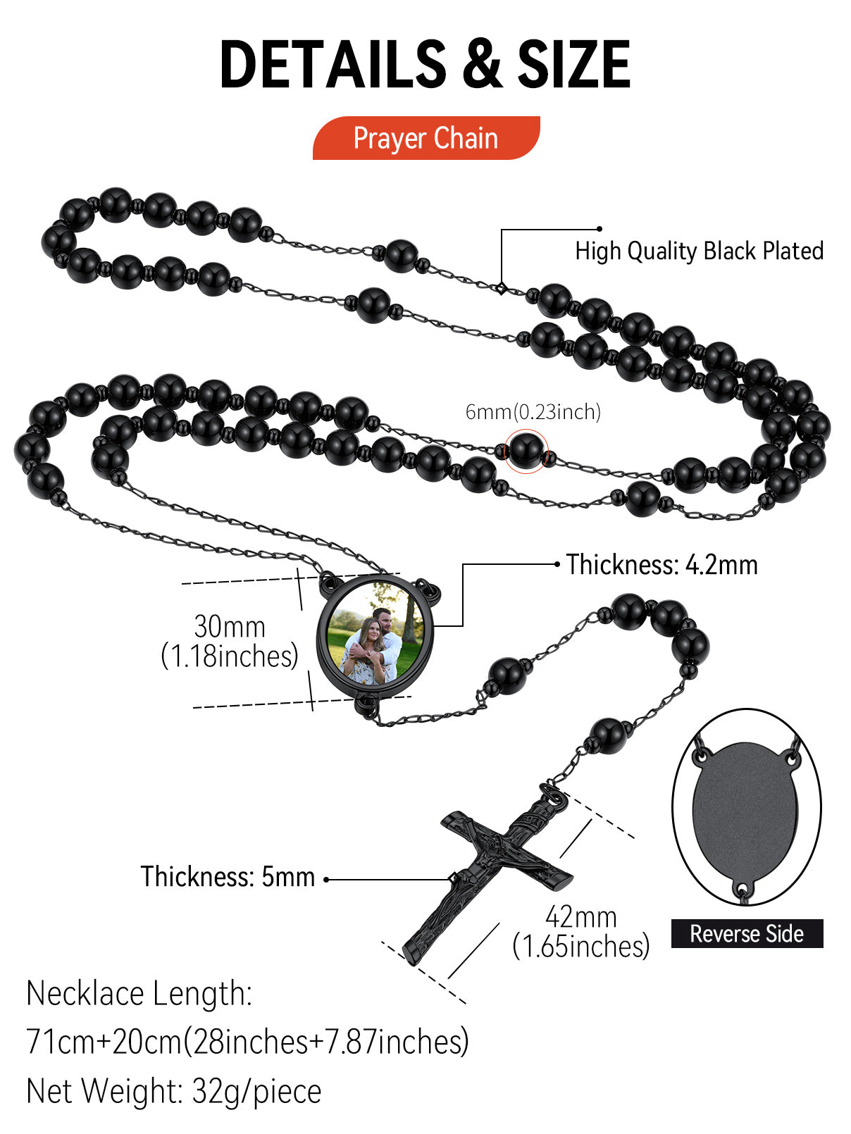 Black Pearl Rosary Necklace Details & Size, Photo Pendant