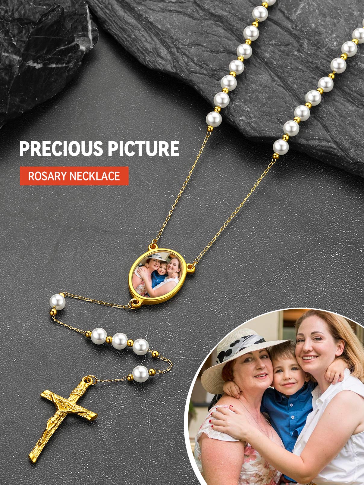 Personalized photo rosary necklace with pearl beads, Precious Picture Necklace