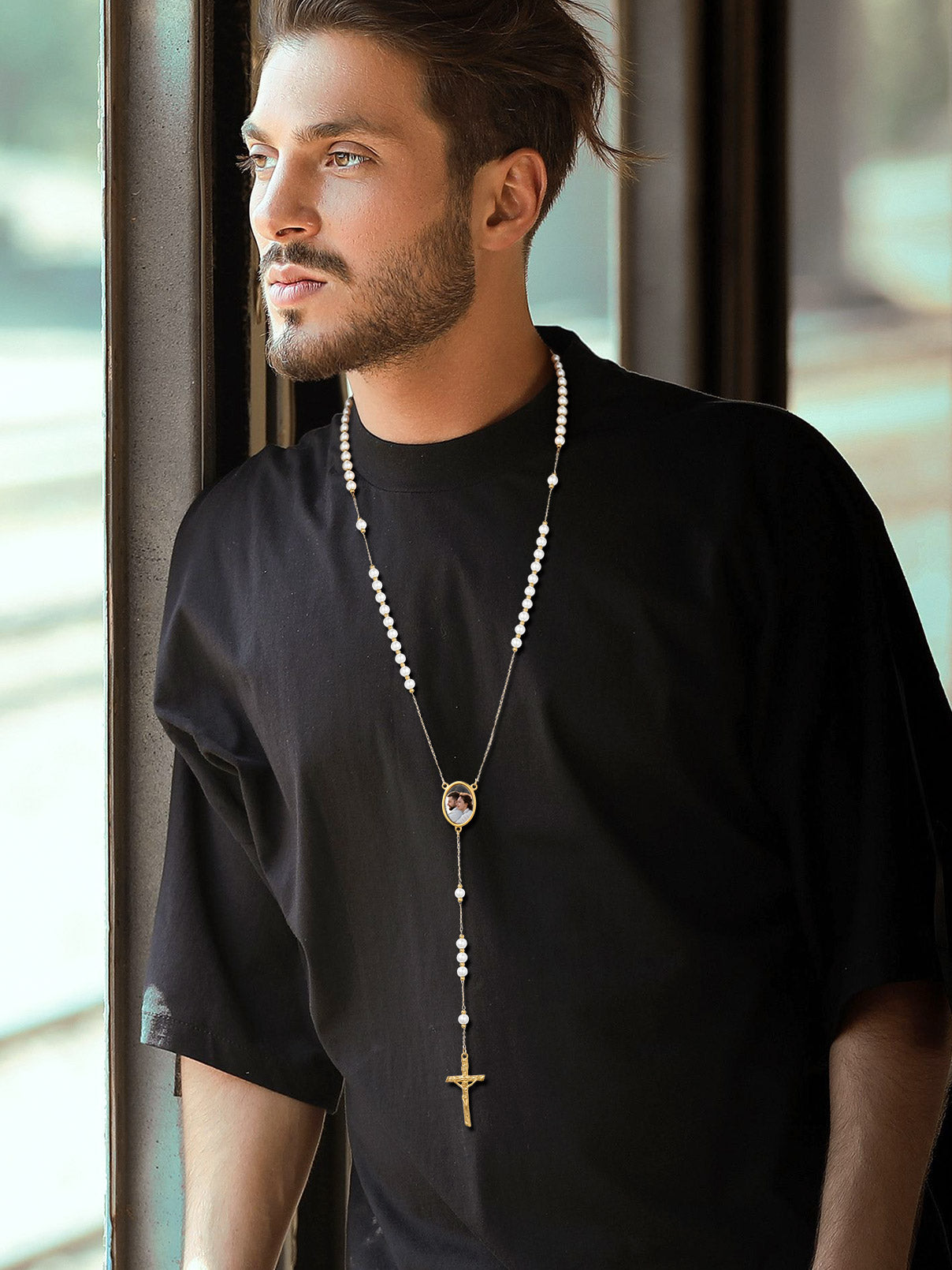 Man wearing Pearl Rosary Bead Necklace with Cross