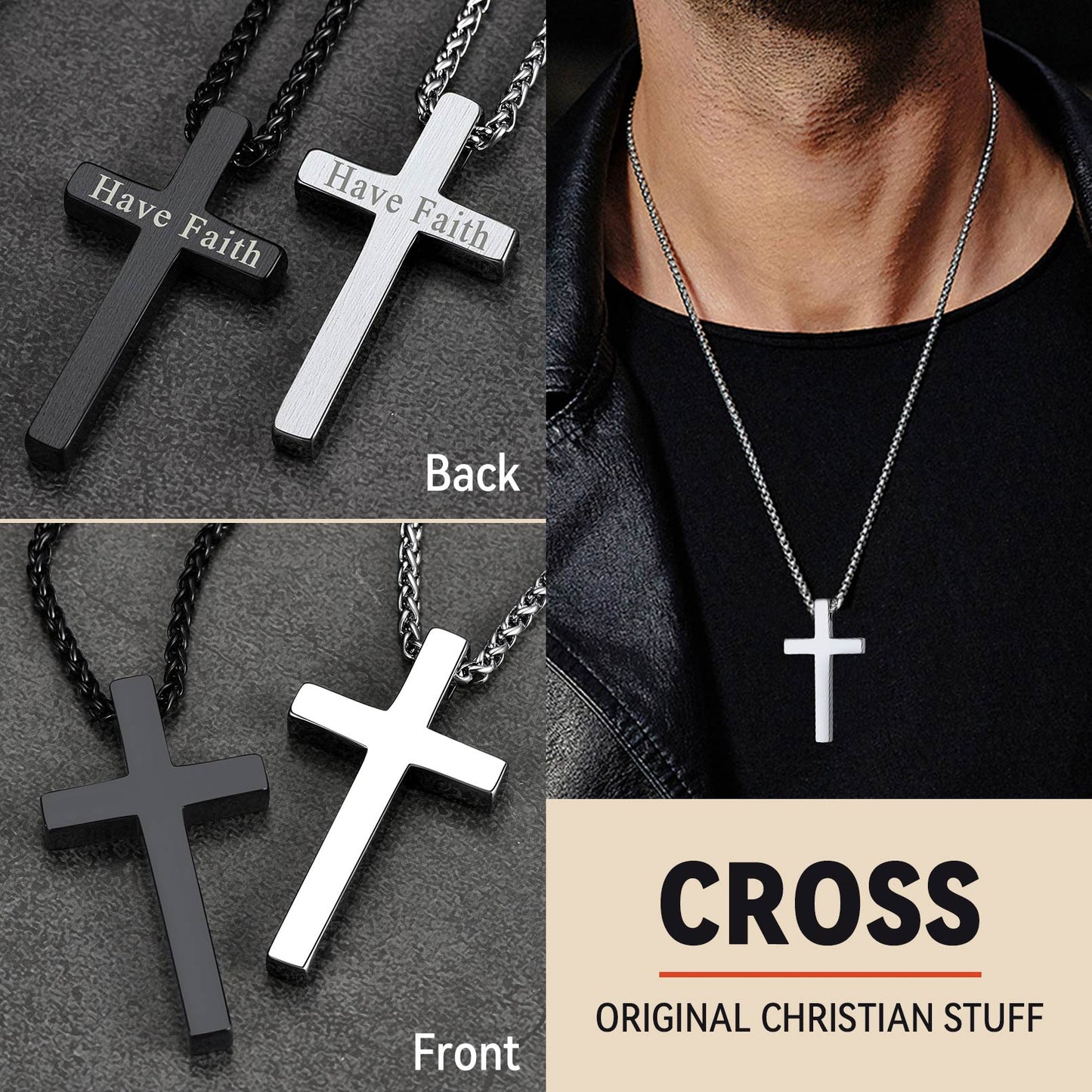 Christian cross necklace, stainless steel, men's jewelry, Have Faith
