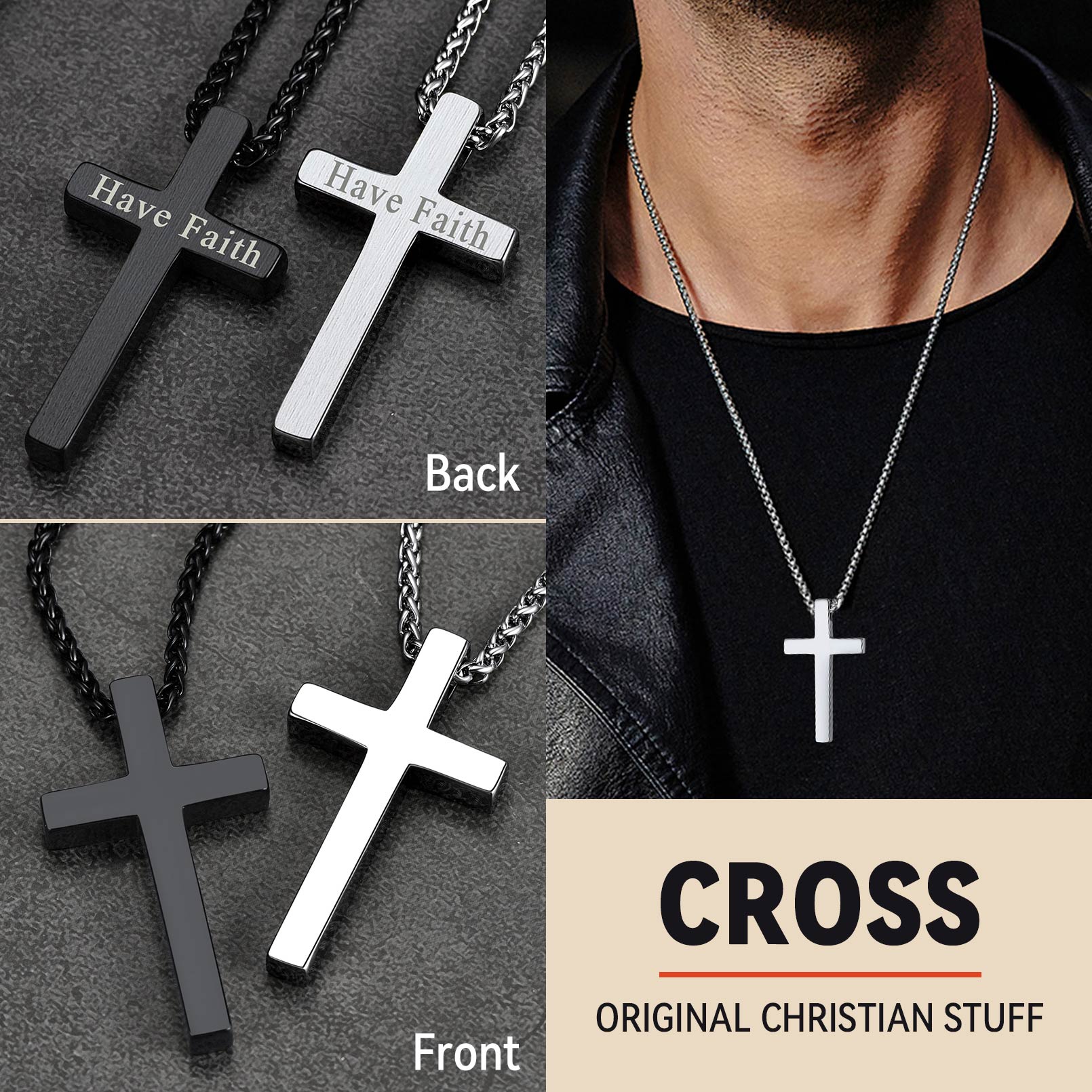 Christian cross necklace, stainless steel, men's jewelry, Have Faith