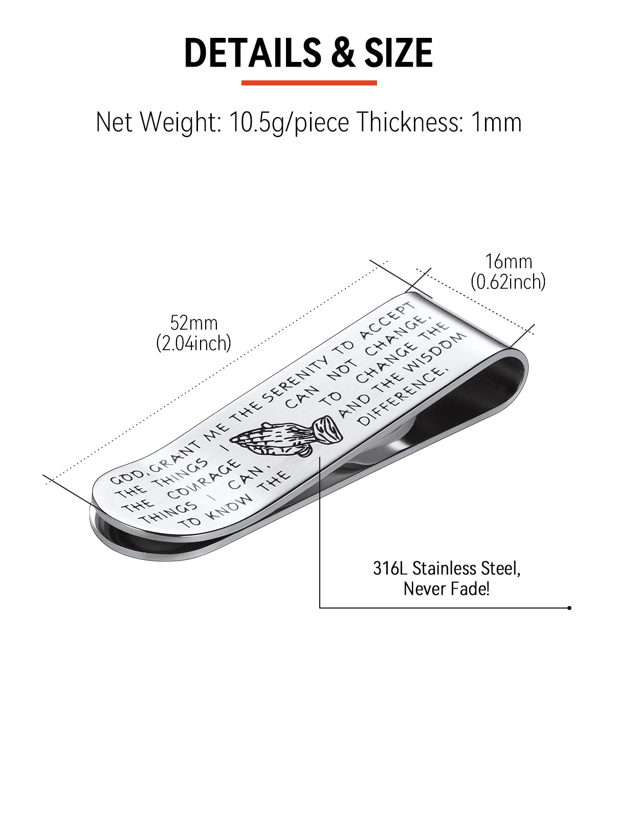 Stainless steel money clip with Serenity Prayer, detailed product view
