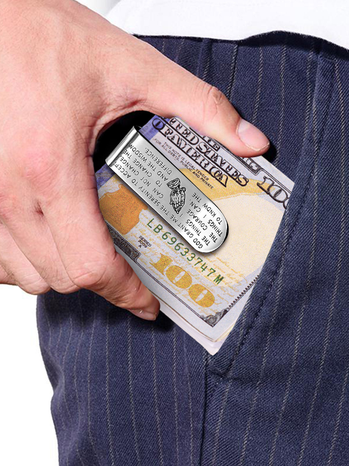 Money clip with Serenity Prayer in pocket, engraved men's accessory